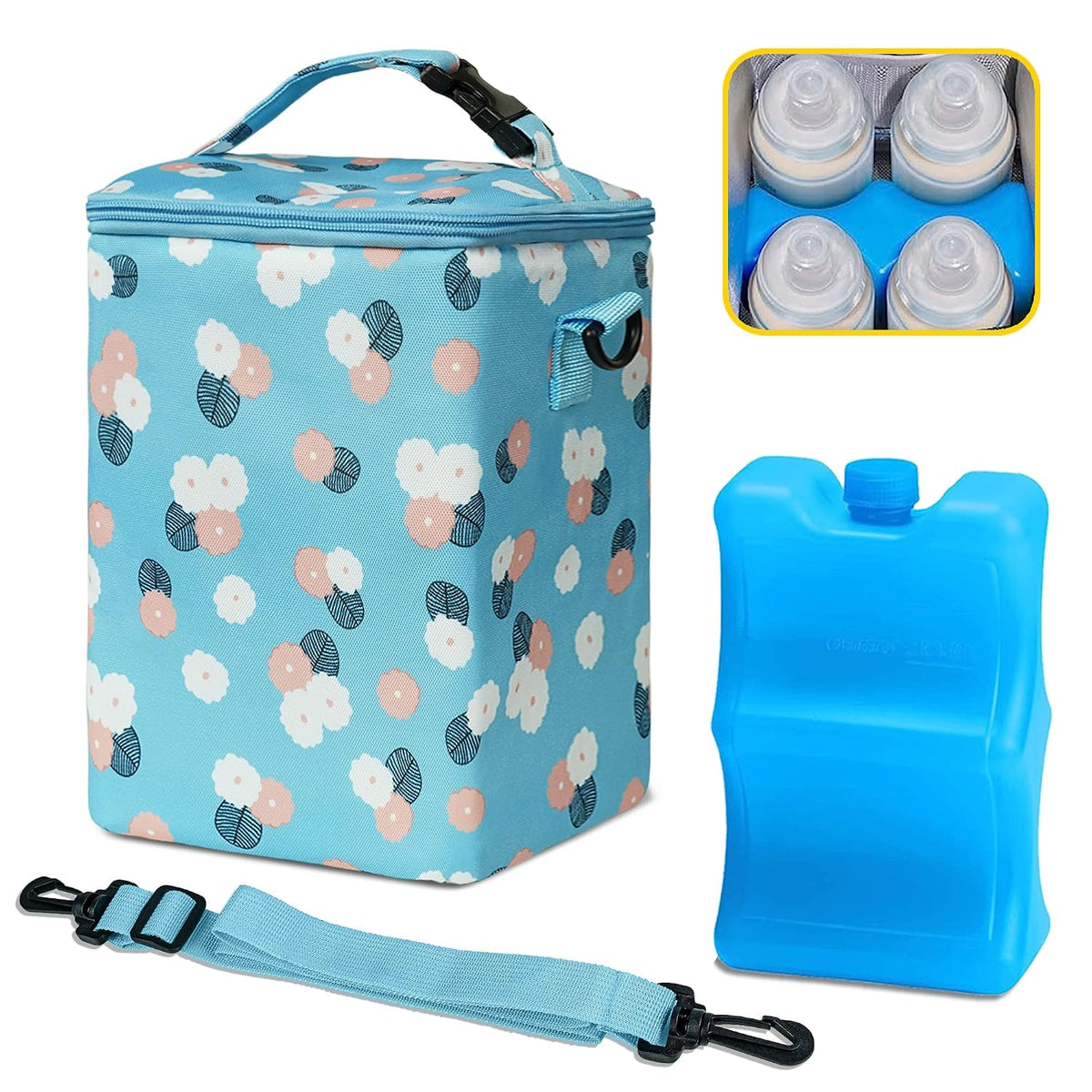 Breastmilk Cooler Bag with Ice Pack Fits 4 Baby Bottles Up To 9 Ounce Insulated Baby Bottle Bag Breast Milk Cooler on the Go with Strap Cooler Bag for Nursing Mom Daycare or Travel