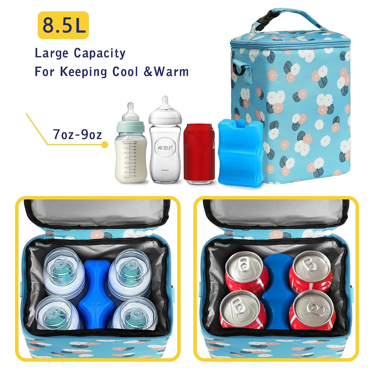 Breastmilk Cooler Bag with Ice Pack Fits 4 Baby Bottles Up To 9 Ounce Insulated Baby Bottle Bag Breast Milk Cooler on the Go with Strap Cooler Bag for Nursing Mom Daycare or Travel