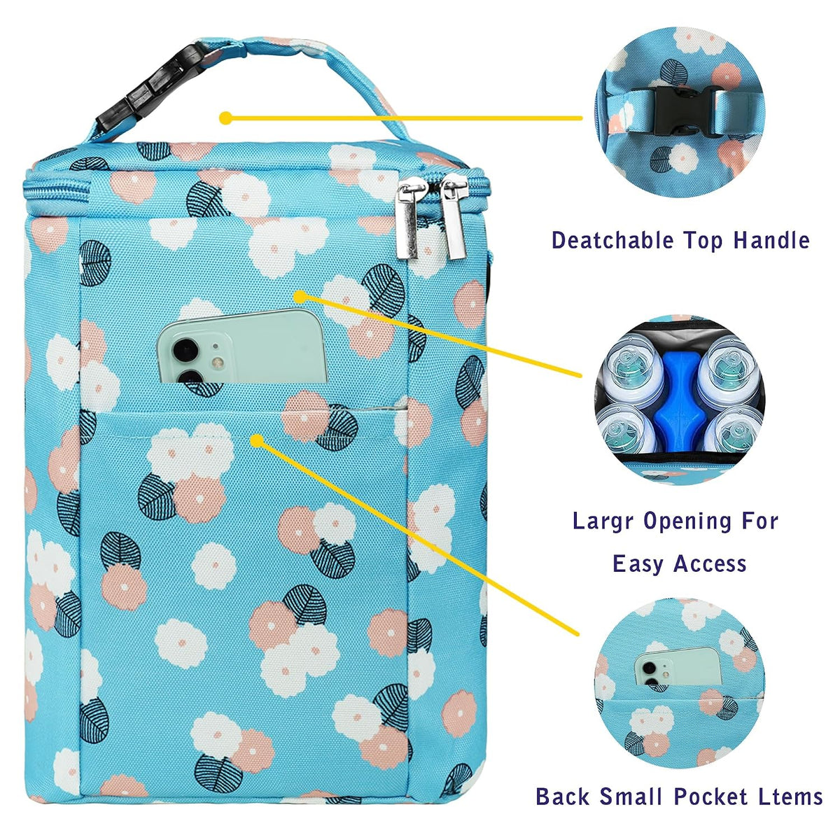 Breastmilk Cooler Bag with Ice Pack Fits 4 Baby Bottles Up To 9 Ounce Insulated Baby Bottle Bag Breast Milk Cooler on the Go with Strap Cooler Bag for Nursing Mom Daycare or Travel