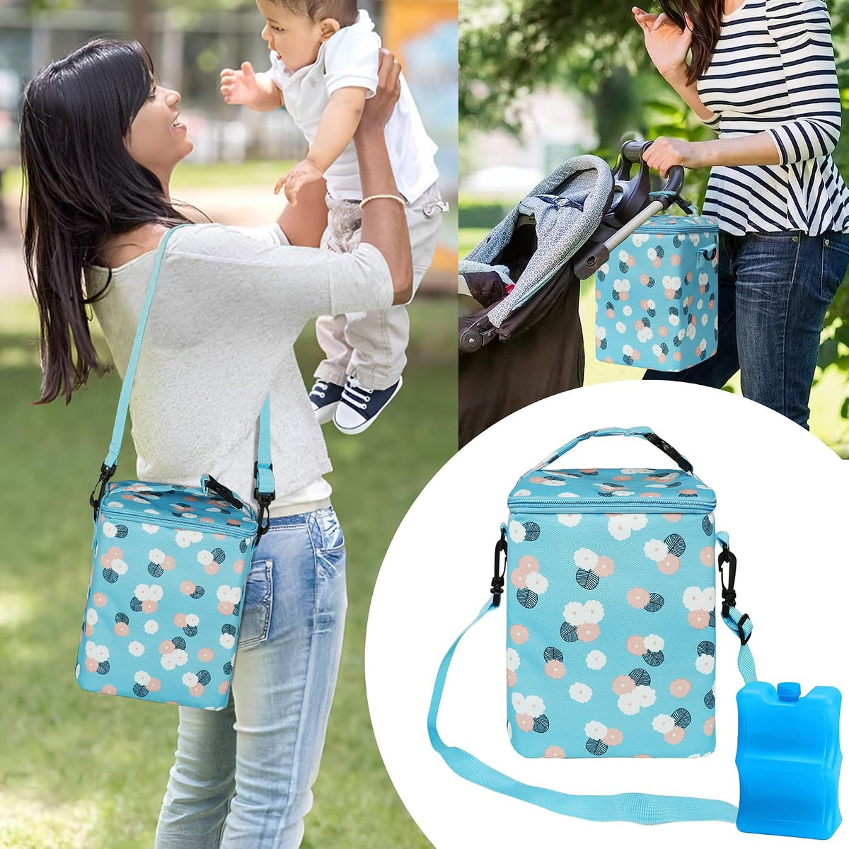 Breastmilk Cooler Bag with Ice Pack Fits 4 Baby Bottles Up To 9 Ounce Insulated Baby Bottle Bag Breast Milk Cooler on the Go with Strap Cooler Bag for Nursing Mom Daycare or Travel
