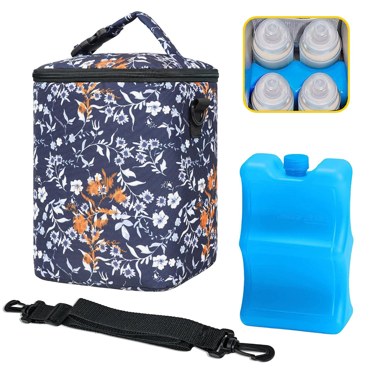 Breastmilk Cooler Bag with Ice Pack Fits 4 Baby Bottles Up To 9 Ounce Insulated Baby Bottle Bag Breast Milk Cooler on the Go with Strap Cooler Bag for Nursing Mom Daycare or Travel