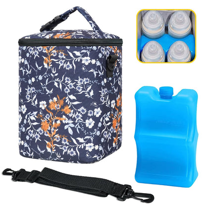 Breastmilk Cooler Bag with Ice Pack Fits 4 Baby Bottles Up To 9 Ounce Insulated Baby Bottle Bag Breast Milk Cooler on the Go with Strap Cooler Bag for Nursing Mom Daycare or Travel