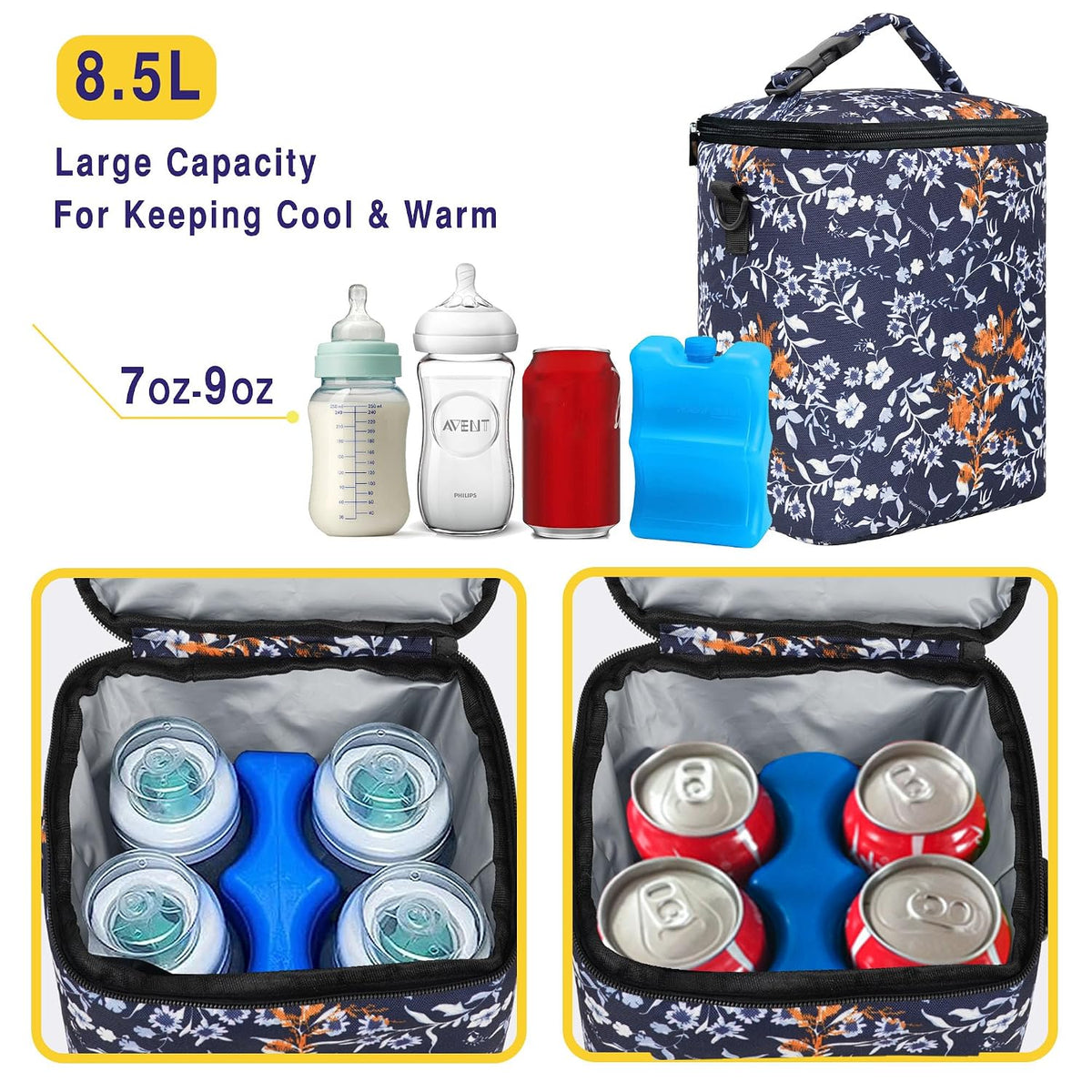 Breastmilk Cooler Bag with Ice Pack Fits 4 Baby Bottles Up To 9 Ounce Insulated Baby Bottle Bag Breast Milk Cooler on the Go with Strap Cooler Bag for Nursing Mom Daycare or Travel
