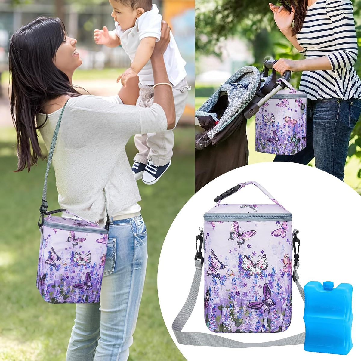 Breastmilk Cooler Bag with Ice Pack Fits 4 Baby Bottles Up To 9 Ounce Insulated Baby Bottle Bag Breast Milk Cooler on the Go with Strap Cooler Bag for Nursing Mom Daycare or Travel