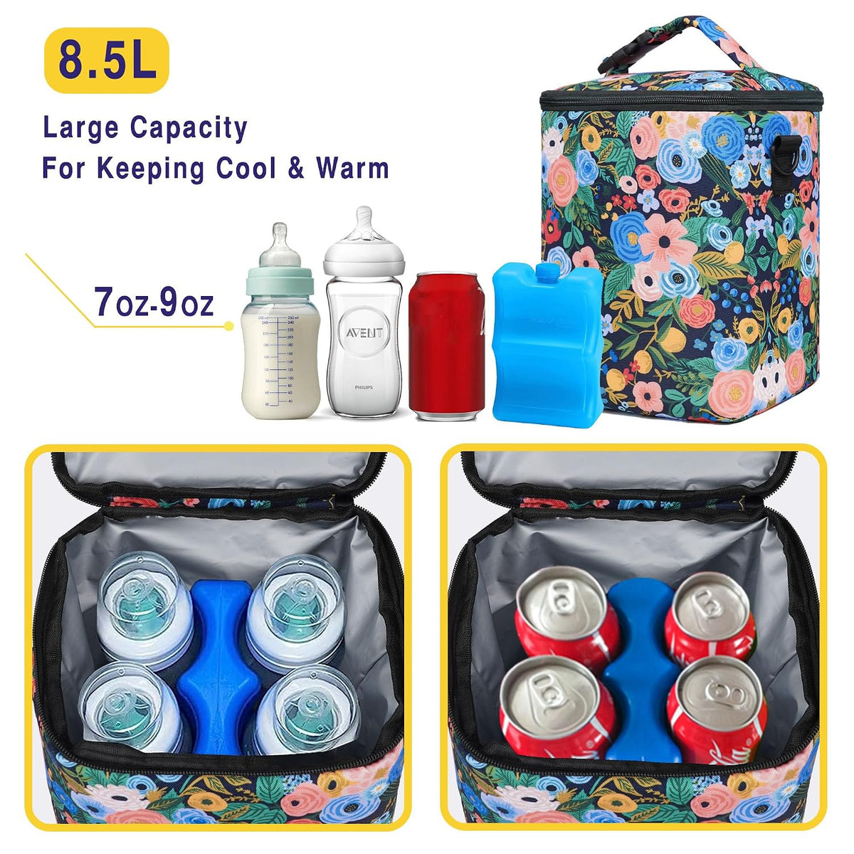 Breastmilk Cooler Bag with Ice Pack Fits 4 Baby Bottles Up To 9 Ounce Insulated Baby Bottle Bag Breast Milk Cooler on the Go with Strap Cooler Bag for Nursing Mom Daycare or Travel
