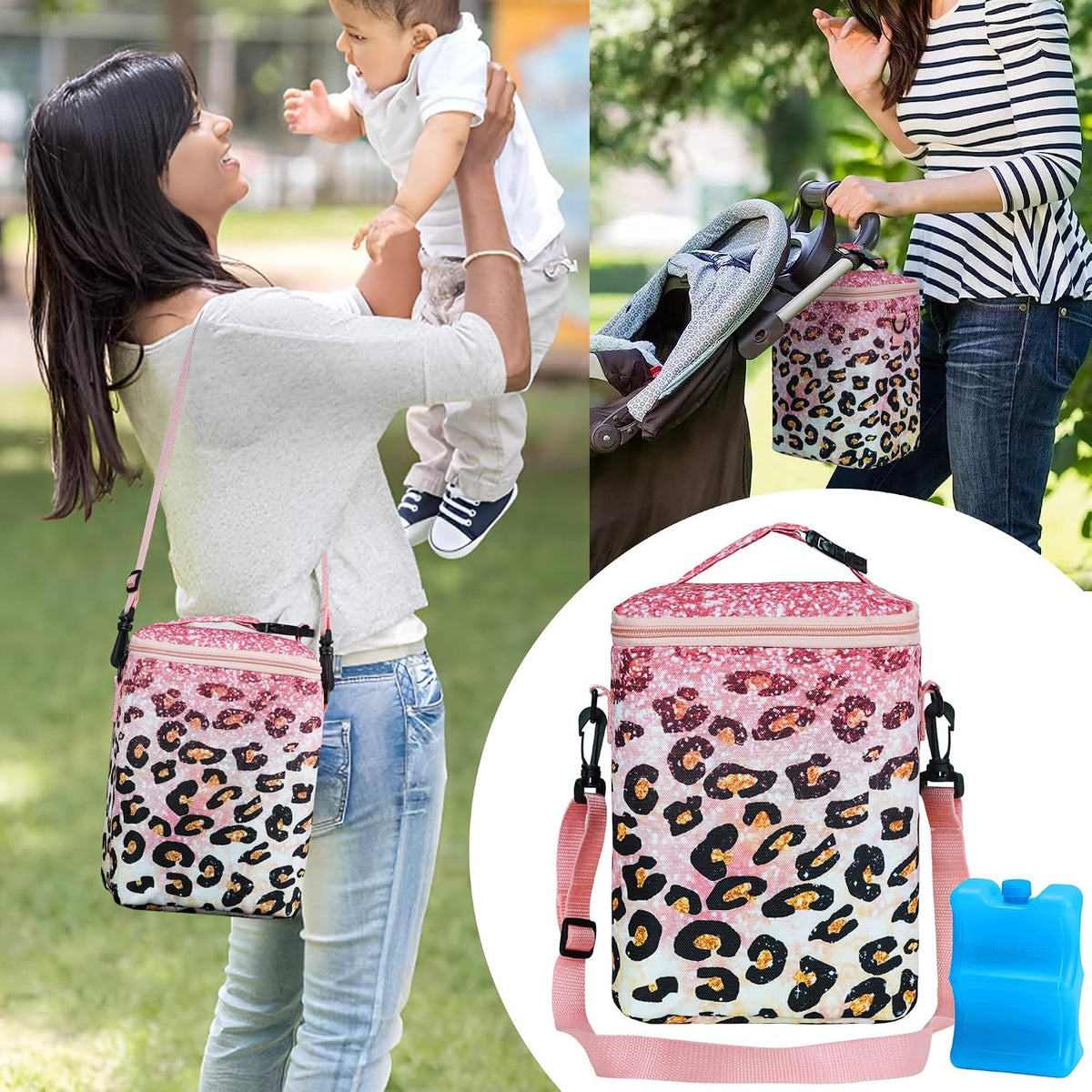 Breastmilk Cooler Bag with Ice Pack Fits 4 Baby Bottles Up To 9 Ounce Insulated Baby Bottle Bag Breast Milk Cooler on the Go with Strap Cooler Bag for Nursing Mom Daycare or Travel