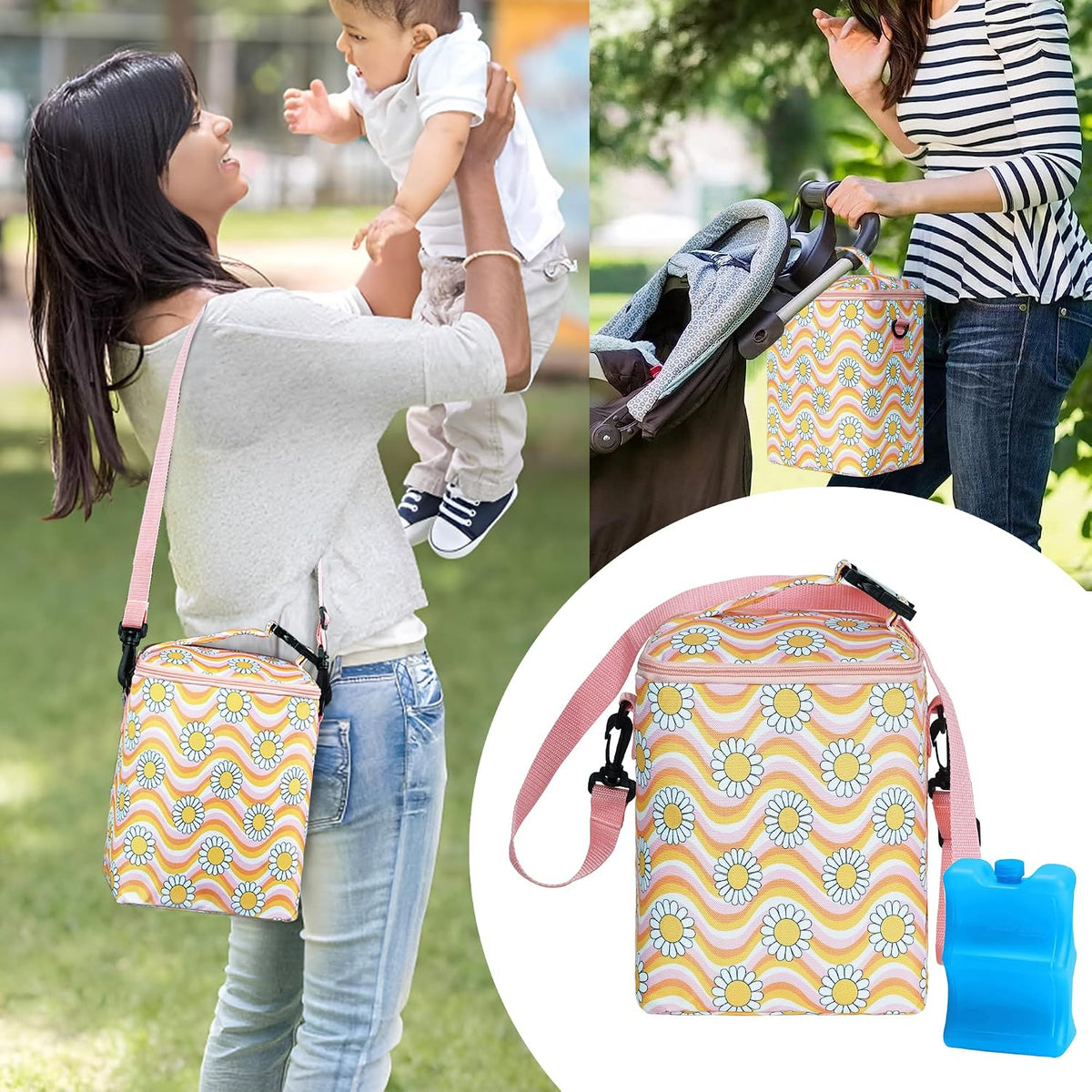 Breastmilk Cooler Bag with Ice Pack Fits 4 Baby Bottles Up To 9 Ounce Insulated Baby Bottle Bag Breast Milk Cooler on the Go with Strap Cooler Bag for Nursing Mom Daycare or Travel