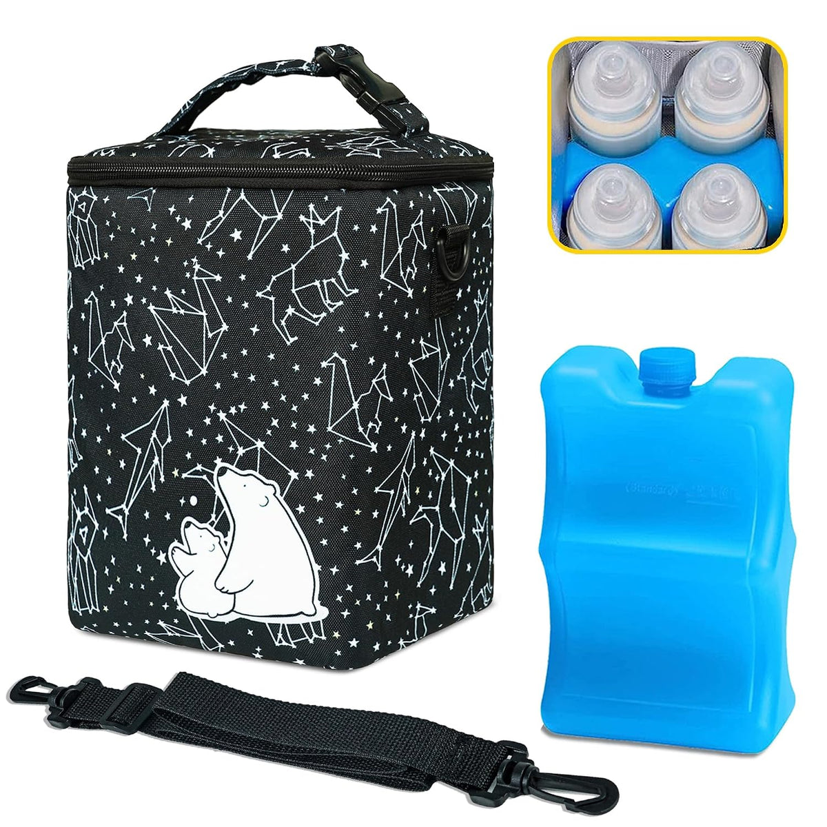 Breastmilk Cooler Bag with Ice Pack Fits 4 Baby Bottles Up To 9 Ounce Insulated Baby Bottle Bag Breast Milk Cooler on the Go with Strap Cooler Bag for Nursing Mom Daycare or Travel