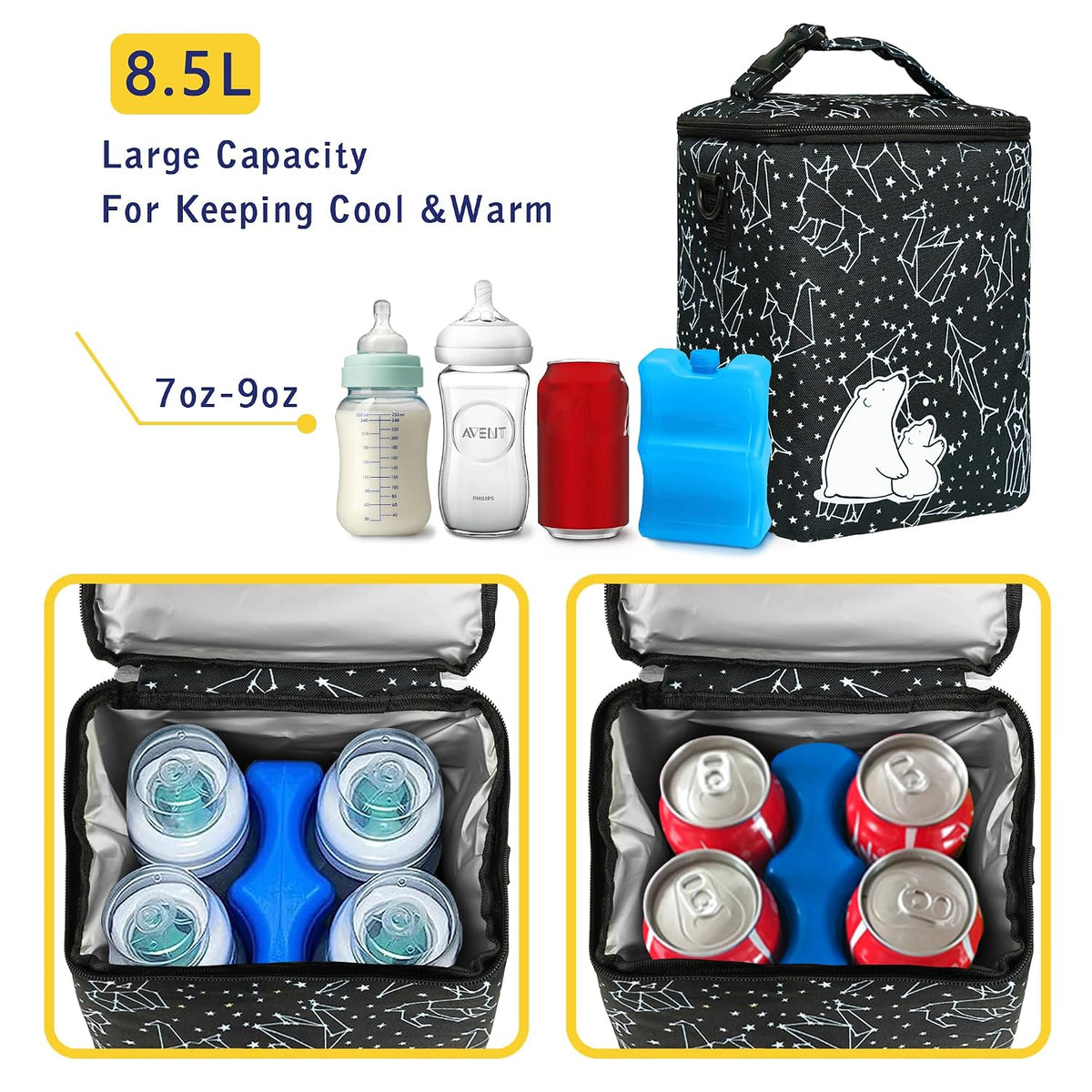 Breastmilk Cooler Bag with Ice Pack Fits 4 Baby Bottles Up To 9 Ounce Insulated Baby Bottle Bag Breast Milk Cooler on the Go with Strap Cooler Bag for Nursing Mom Daycare or Travel