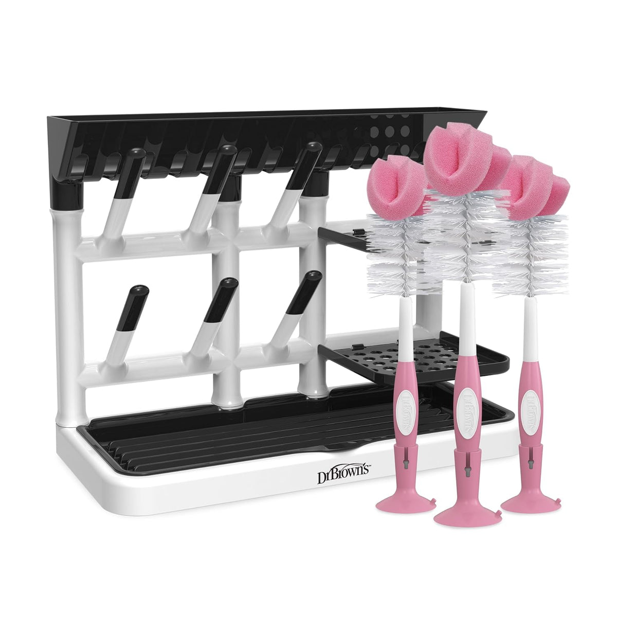 Baby Bottle Drying Tower, Stand-Up Drying Rack with Reusable Sponge Baby Bottle Cleaning Brush Set, 3-Pack, Pink