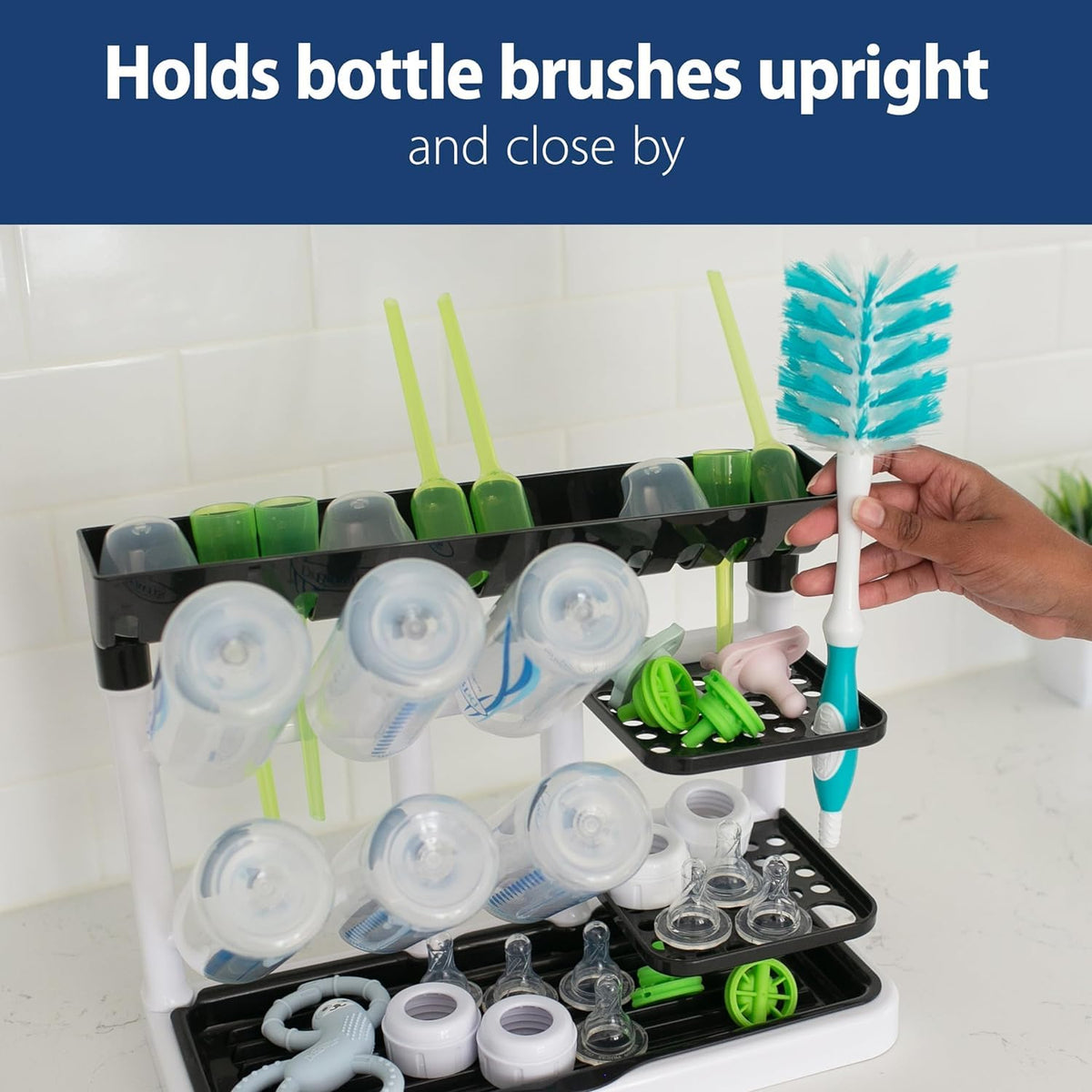 Baby Bottle Drying Tower, Stand-Up Drying Rack with Reusable Sponge Baby Bottle Cleaning Brush Set, 3-Pack, Pink
