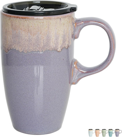 Ceramic Travel Coffee Mug with Handle and Lid, 18 oz, Portable Coffee Cup for Car Cup Holder, Microwave and Dishwasher Safe, Reactive Glaze (Light Orange)