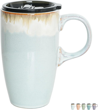 Ceramic Travel Coffee Mug with Handle and Lid, 18 oz, Portable Coffee Cup for Car Cup Holder, Microwave and Dishwasher Safe, Reactive Glaze (Light Orange)