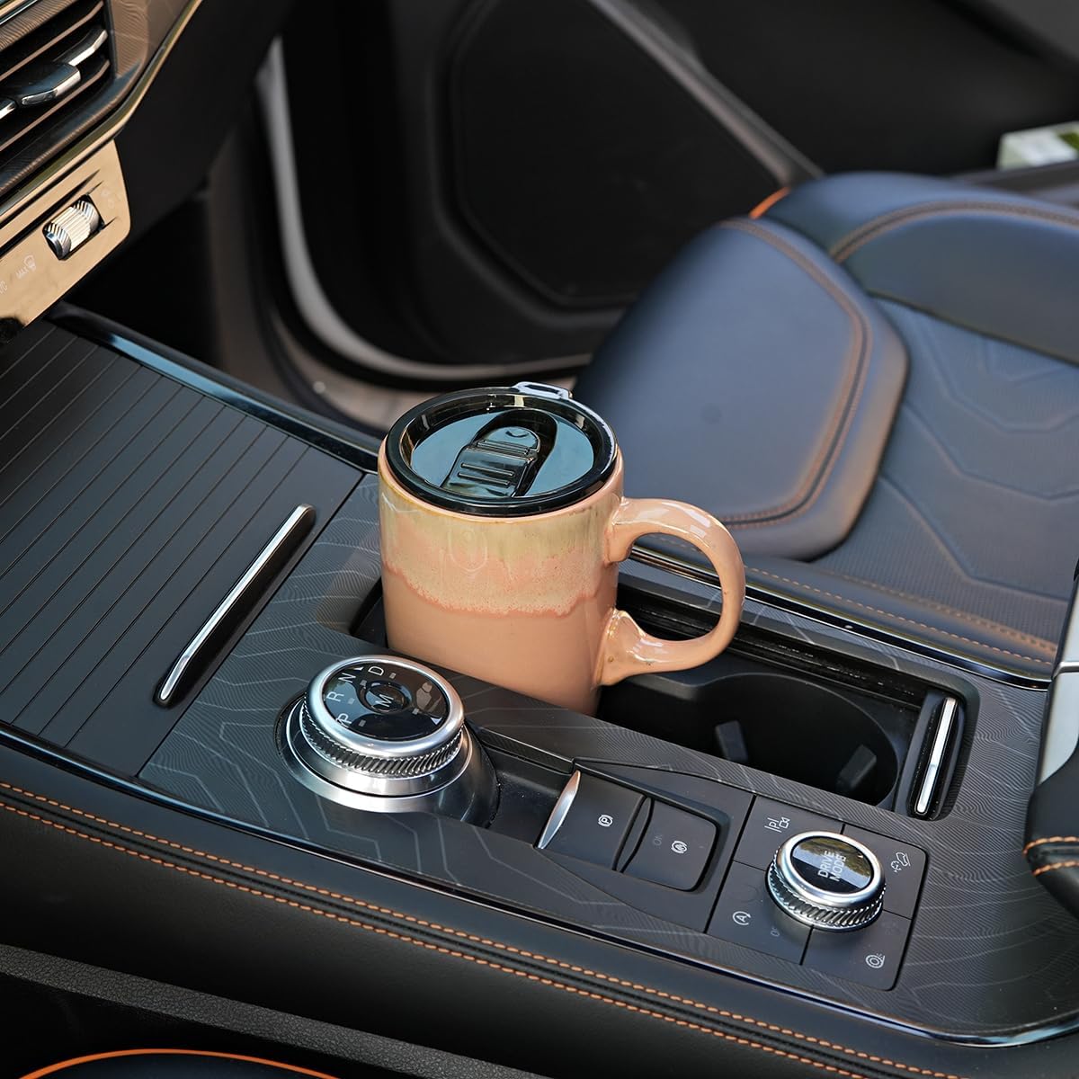 Ceramic Travel Coffee Mug with Handle and Lid, 18 oz, Portable Coffee Cup for Car Cup Holder, Microwave and Dishwasher Safe, Reactive Glaze (Light Orange)