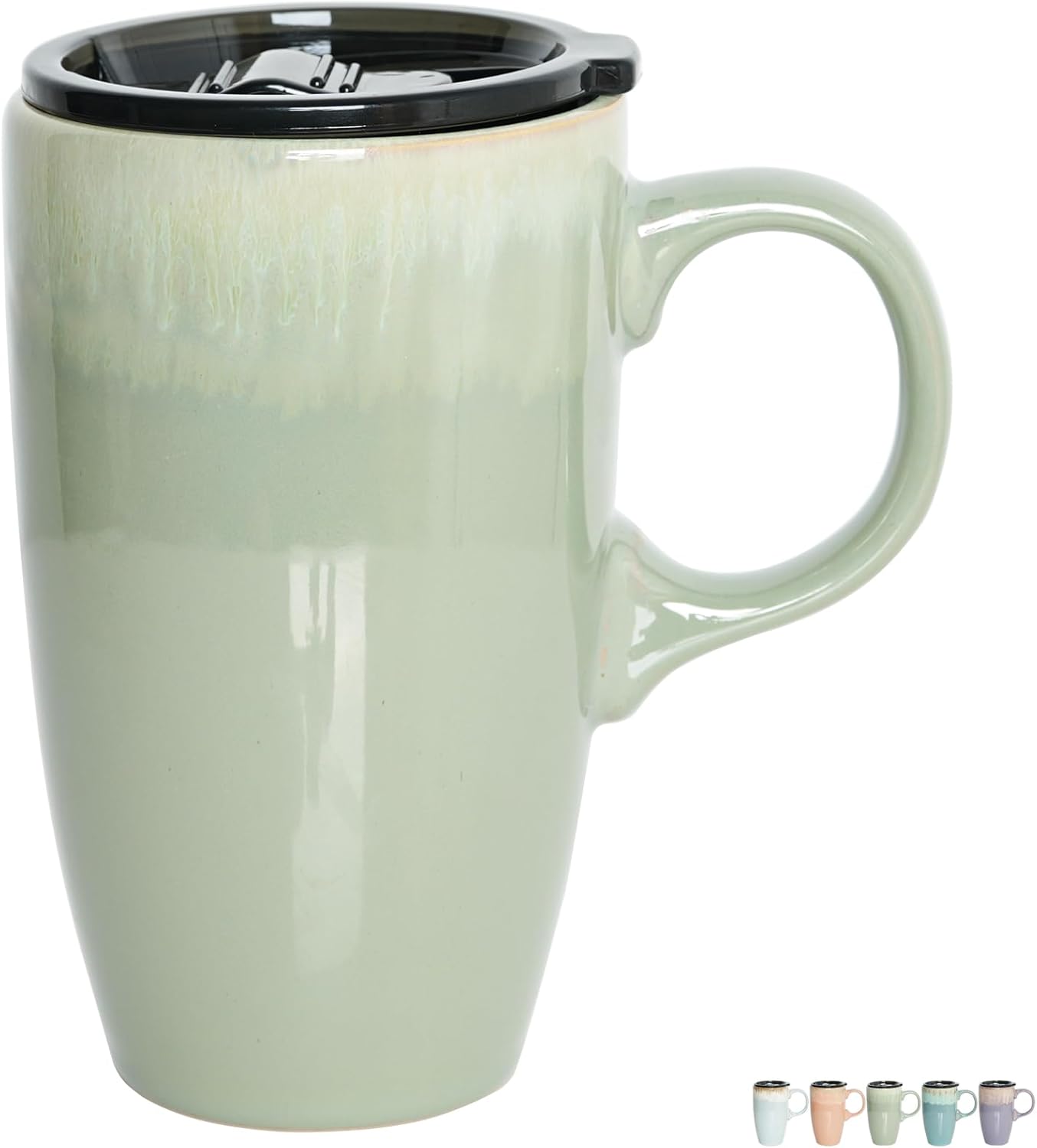 Ceramic Travel Coffee Mug with Handle and Lid, 18 oz, Portable Coffee Cup for Car Cup Holder, Microwave and Dishwasher Safe, Reactive Glaze (Light Orange)