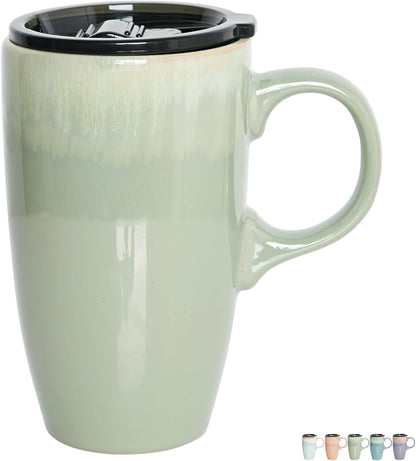 Ceramic Travel Coffee Mug with Handle and Lid, 18 oz, Portable Coffee Cup for Car Cup Holder, Microwave and Dishwasher Safe, Reactive Glaze (Light Orange)