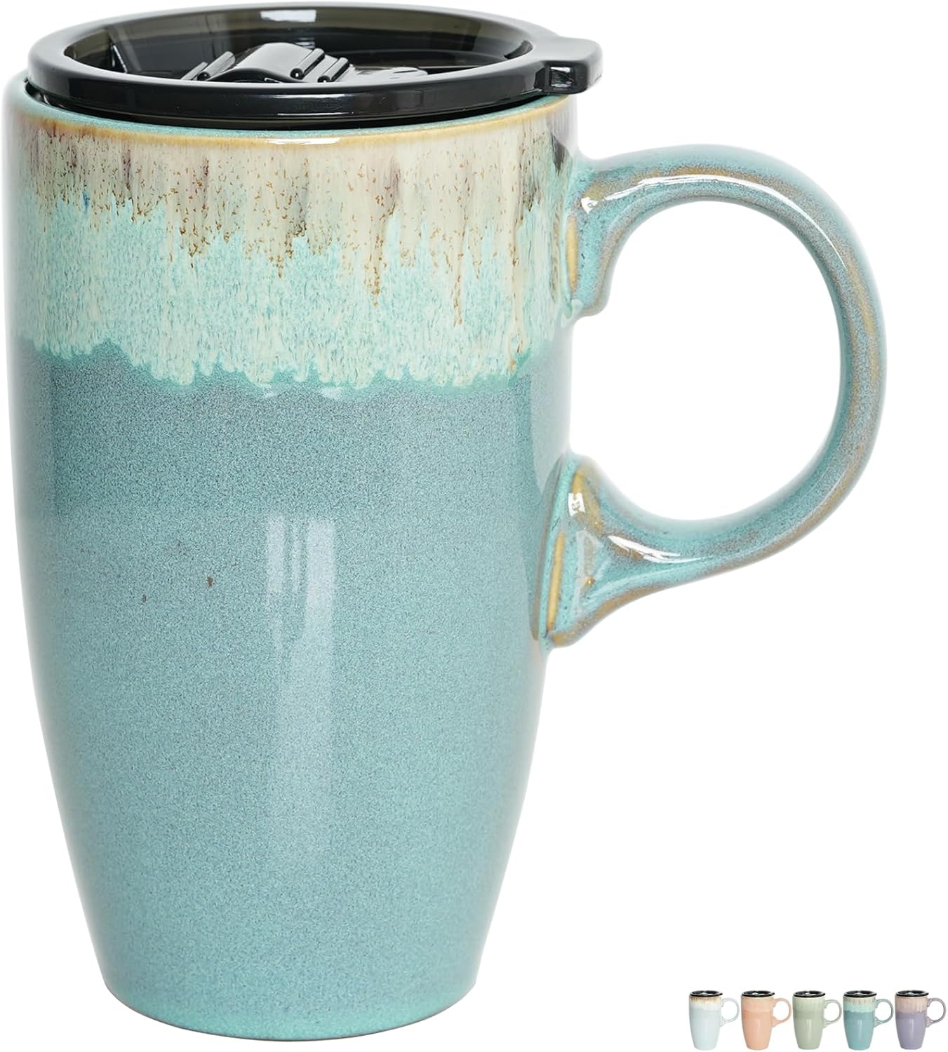 Ceramic Travel Coffee Mug with Handle and Lid, 18 oz, Portable Coffee Cup for Car Cup Holder, Microwave and Dishwasher Safe, Reactive Glaze (Light Orange)