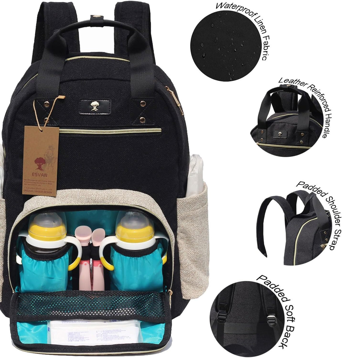 Diaper Bag Backpack, Large Capacity Multifunction Baby Essentials Fashion Travel Pack Linen Canvas office Laptop Bag (Linen Brown)