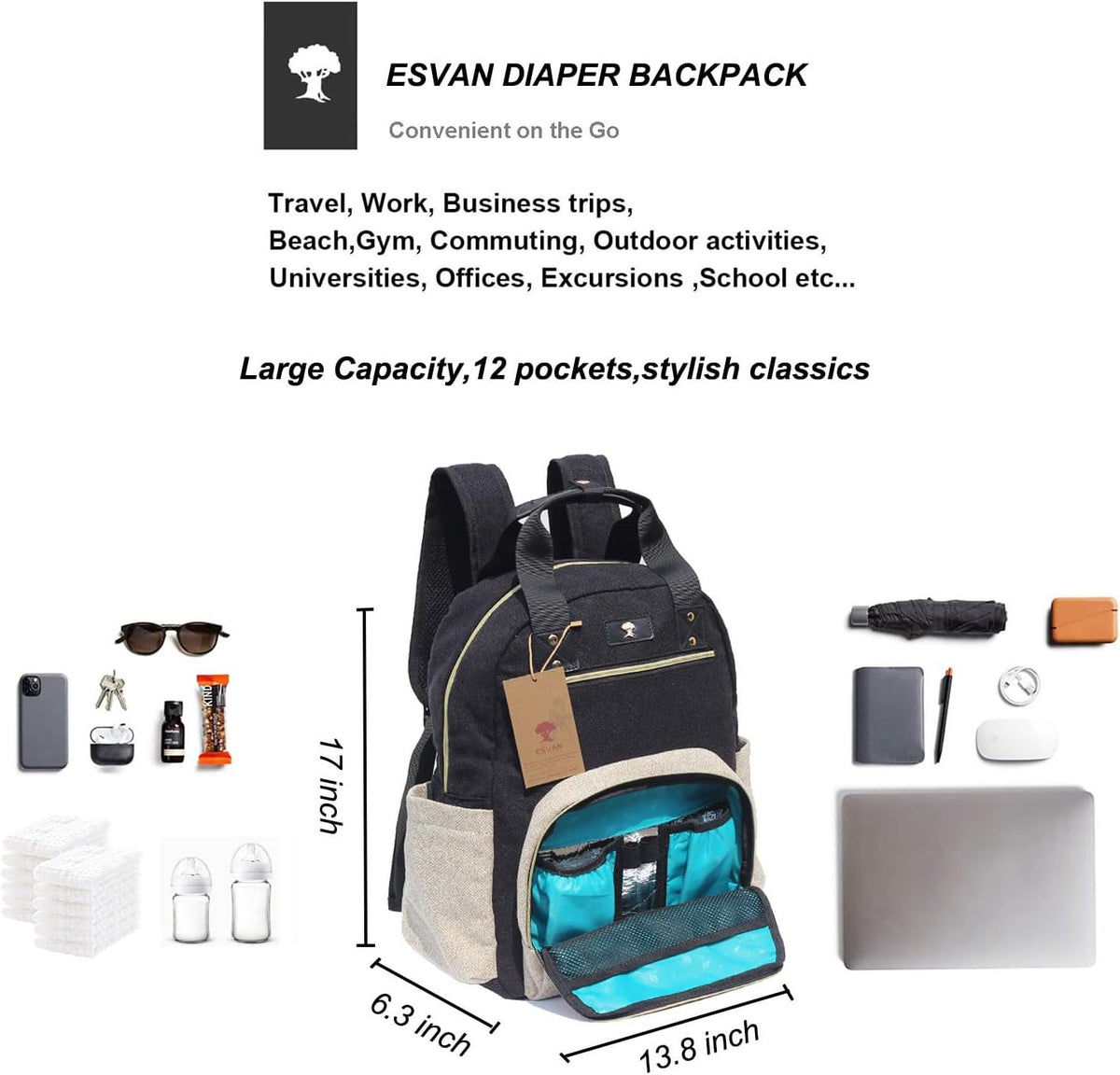 Diaper Bag Backpack, Large Capacity Multifunction Baby Essentials Fashion Travel Pack Linen Canvas office Laptop Bag (Linen Brown)