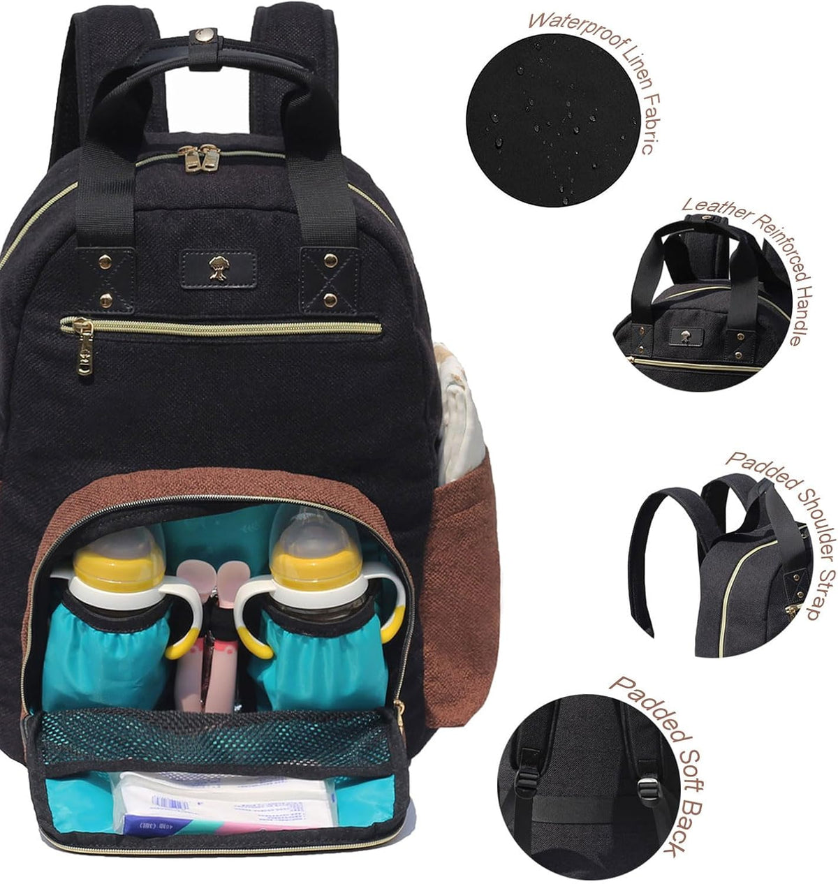 Diaper Bag Backpack, Large Capacity Multifunction Baby Essentials Fashion Travel Pack Linen Canvas office Laptop Bag (Linen Brown)