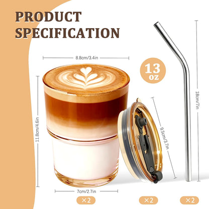 2 Packs Glass Tumbler with Lid and Straw 13 oz Cute Ice Coffee Cup Set Bulk Smoothie Juice Matcha Tea Cappuccino Water Simple Clear Hot Drink Glasses Travel Mug Kitchen Modern Glassware
