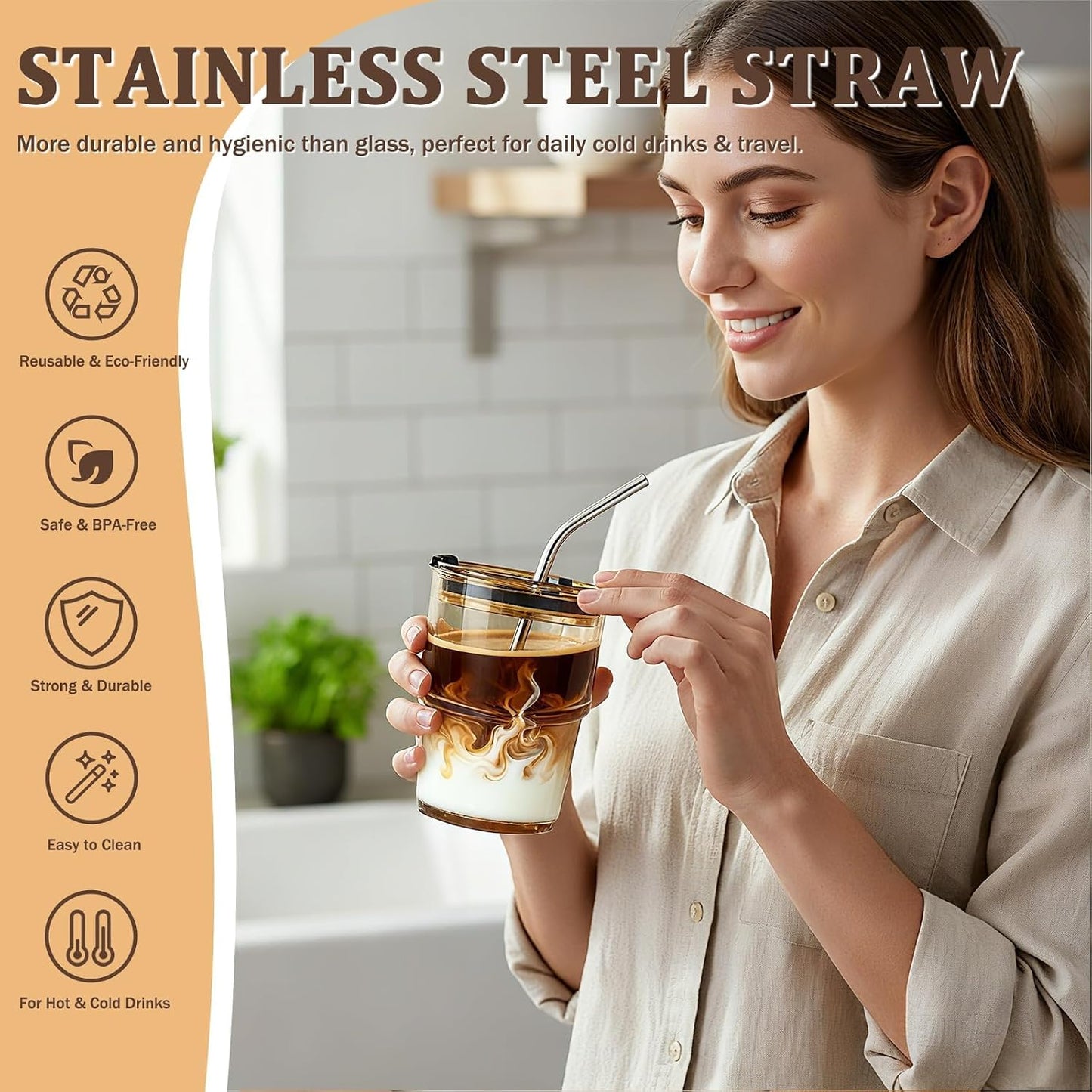 2 Packs Glass Tumbler with Lid and Straw 13 oz Cute Ice Coffee Cup Set Bulk Smoothie Juice Matcha Tea Cappuccino Water Simple Clear Hot Drink Glasses Travel Mug Kitchen Modern Glassware