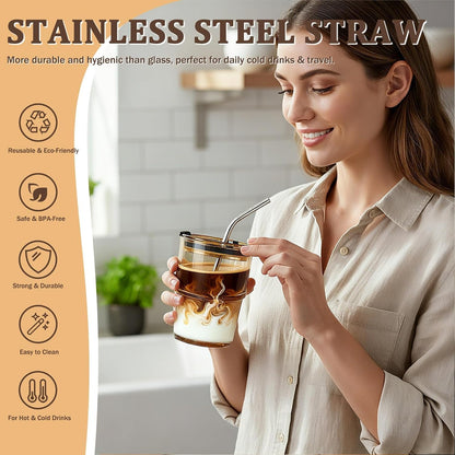 2 Packs Glass Tumbler with Lid and Straw 13 oz Cute Ice Coffee Cup Set Bulk Smoothie Juice Matcha Tea Cappuccino Water Simple Clear Hot Drink Glasses Travel Mug Kitchen Modern Glassware