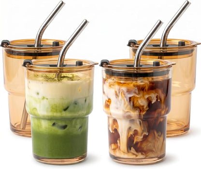 2 Packs Glass Tumbler with Lid and Straw 13 oz Cute Ice Coffee Cup Set Bulk Smoothie Juice Matcha Tea Cappuccino Water Simple Clear Hot Drink Glasses Travel Mug Kitchen Modern Glassware