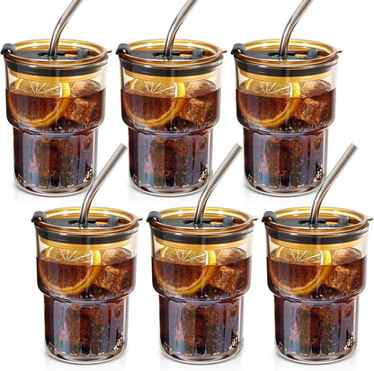 2 Packs Glass Tumbler with Lid and Straw 13 oz Cute Ice Coffee Cup Set Bulk Smoothie Juice Matcha Tea Cappuccino Water Simple Clear Hot Drink Glasses Travel Mug Kitchen Modern Glassware