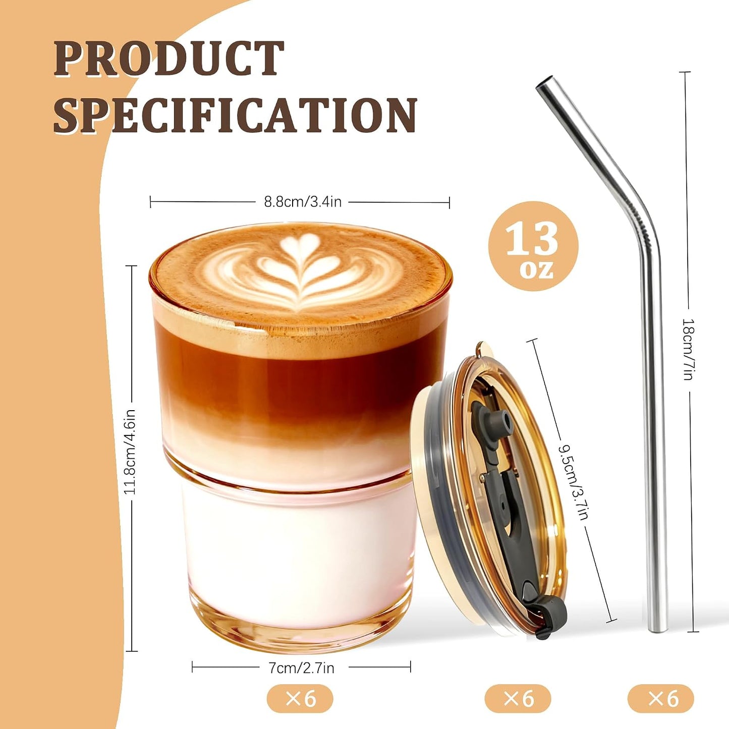 2 Packs Glass Tumbler with Lid and Straw 13 oz Cute Ice Coffee Cup Set Bulk Smoothie Juice Matcha Tea Cappuccino Water Simple Clear Hot Drink Glasses Travel Mug Kitchen Modern Glassware