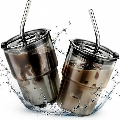 2 Packs Glass Tumbler with Lid and Straw 13 oz Cute Ice Coffee Cup Set Bulk Smoothie Juice Matcha Tea Cappuccino Water Simple Clear Hot Drink Glasses Travel Mug Kitchen Modern Glassware