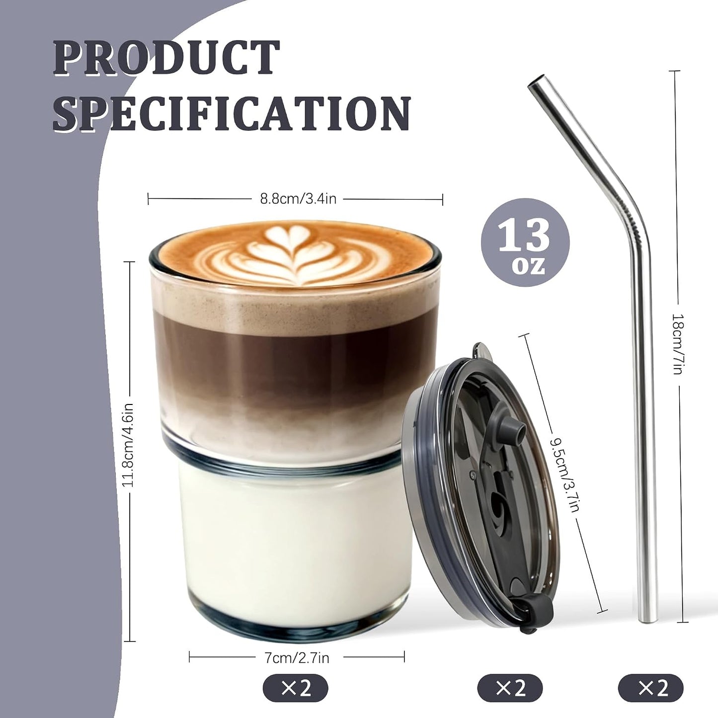 2 Packs Glass Tumbler with Lid and Straw 13 oz Cute Ice Coffee Cup Set Bulk Smoothie Juice Matcha Tea Cappuccino Water Simple Clear Hot Drink Glasses Travel Mug Kitchen Modern Glassware