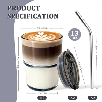 2 Packs Glass Tumbler with Lid and Straw 13 oz Cute Ice Coffee Cup Set Bulk Smoothie Juice Matcha Tea Cappuccino Water Simple Clear Hot Drink Glasses Travel Mug Kitchen Modern Glassware