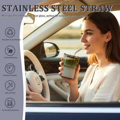 2 Packs Glass Tumbler with Lid and Straw 13 oz Cute Ice Coffee Cup Set Bulk Smoothie Juice Matcha Tea Cappuccino Water Simple Clear Hot Drink Glasses Travel Mug Kitchen Modern Glassware