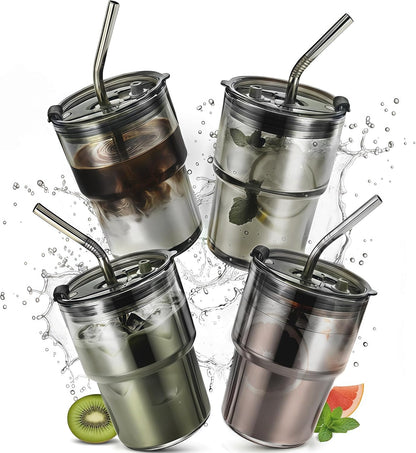 2 Packs Glass Tumbler with Lid and Straw 13 oz Cute Ice Coffee Cup Set Bulk Smoothie Juice Matcha Tea Cappuccino Water Simple Clear Hot Drink Glasses Travel Mug Kitchen Modern Glassware