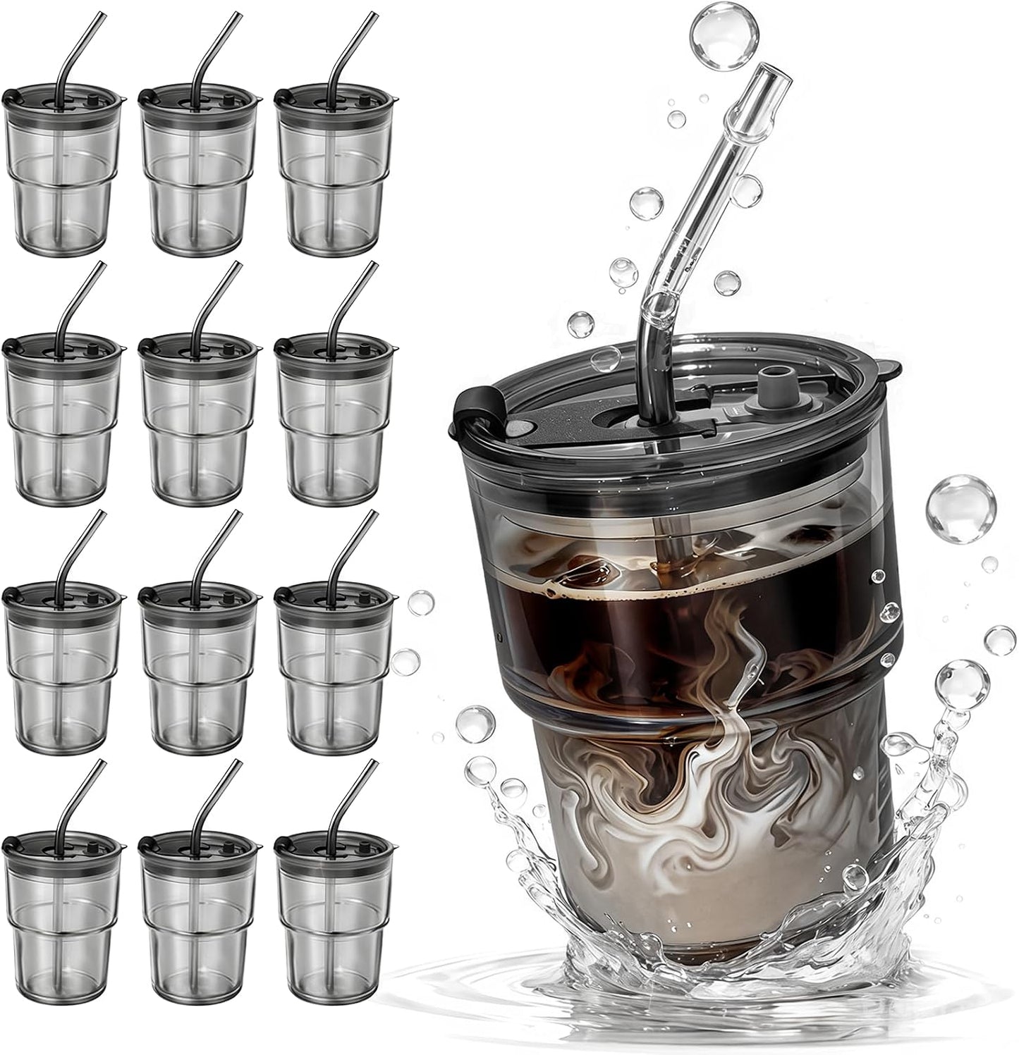 2 Packs Glass Tumbler with Lid and Straw 13 oz Cute Ice Coffee Cup Set Bulk Smoothie Juice Matcha Tea Cappuccino Water Simple Clear Hot Drink Glasses Travel Mug Kitchen Modern Glassware