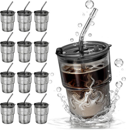 2 Packs Glass Tumbler with Lid and Straw 13 oz Cute Ice Coffee Cup Set Bulk Smoothie Juice Matcha Tea Cappuccino Water Simple Clear Hot Drink Glasses Travel Mug Kitchen Modern Glassware