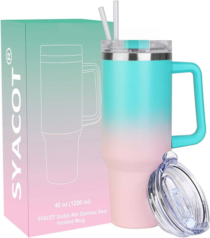 40 oz Tumbler with Handle and Straw Stainless Steel Insulated Tumbler Leak Proof Lid and Straw Lid Reusable Travel Mug Coffee Mug Cup Dishwasher Safe Keep Drinks Cold and Hot (Ceramics)