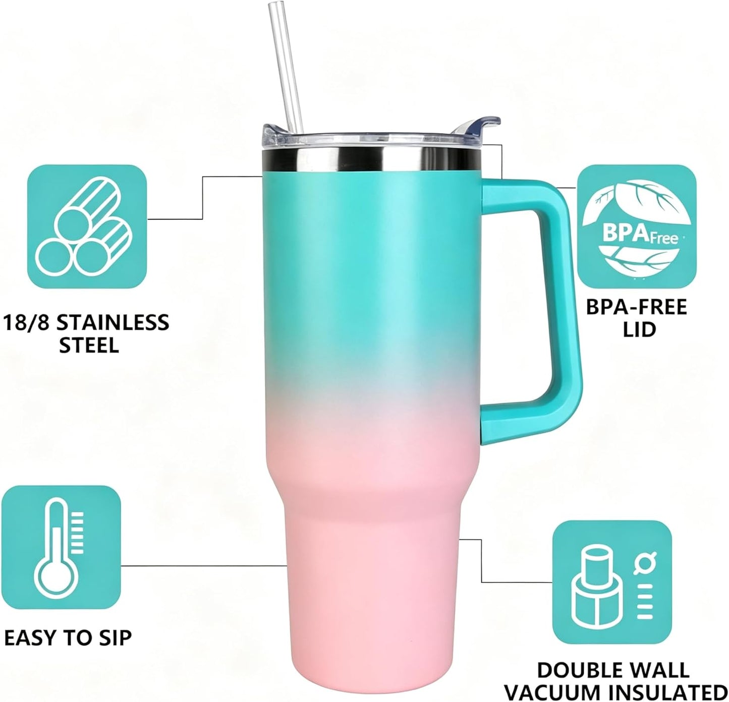 40 oz Tumbler with Handle and Straw Stainless Steel Insulated Tumbler Leak Proof Lid and Straw Lid Reusable Travel Mug Coffee Mug Cup Dishwasher Safe Keep Drinks Cold and Hot (Ceramics)