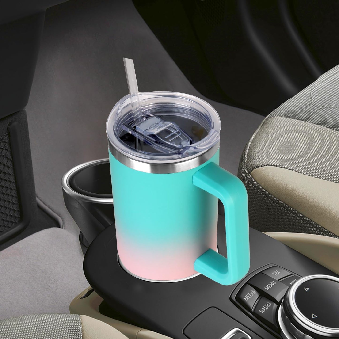 40 oz Tumbler with Handle and Straw Stainless Steel Insulated Tumbler Leak Proof Lid and Straw Lid Reusable Travel Mug Coffee Mug Cup Dishwasher Safe Keep Drinks Cold and Hot (Ceramics)