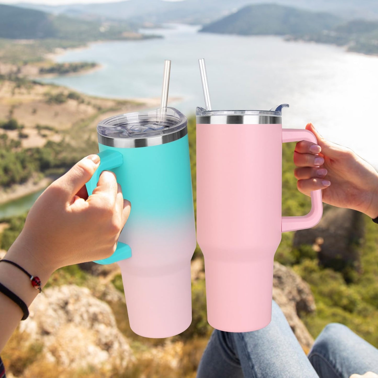 40 oz Tumbler with Handle and Straw Stainless Steel Insulated Tumbler Leak Proof Lid and Straw Lid Reusable Travel Mug Coffee Mug Cup Dishwasher Safe Keep Drinks Cold and Hot (Ceramics)