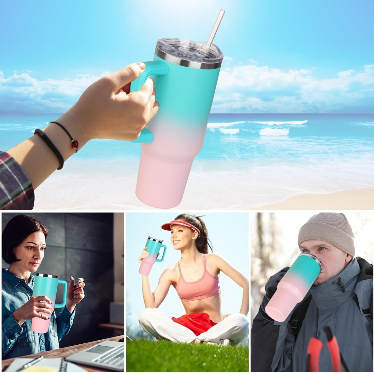 40 oz Tumbler with Handle and Straw Stainless Steel Insulated Tumbler Leak Proof Lid and Straw Lid Reusable Travel Mug Coffee Mug Cup Dishwasher Safe Keep Drinks Cold and Hot (Ceramics)