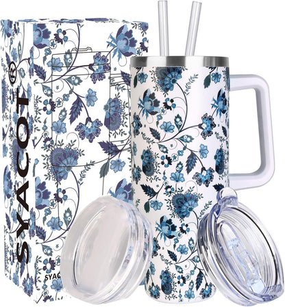 40 oz Tumbler with Handle and Straw Stainless Steel Insulated Tumbler Leak Proof Lid and Straw Lid Reusable Travel Mug Coffee Mug Cup Dishwasher Safe Keep Drinks Cold and Hot (Ceramics)