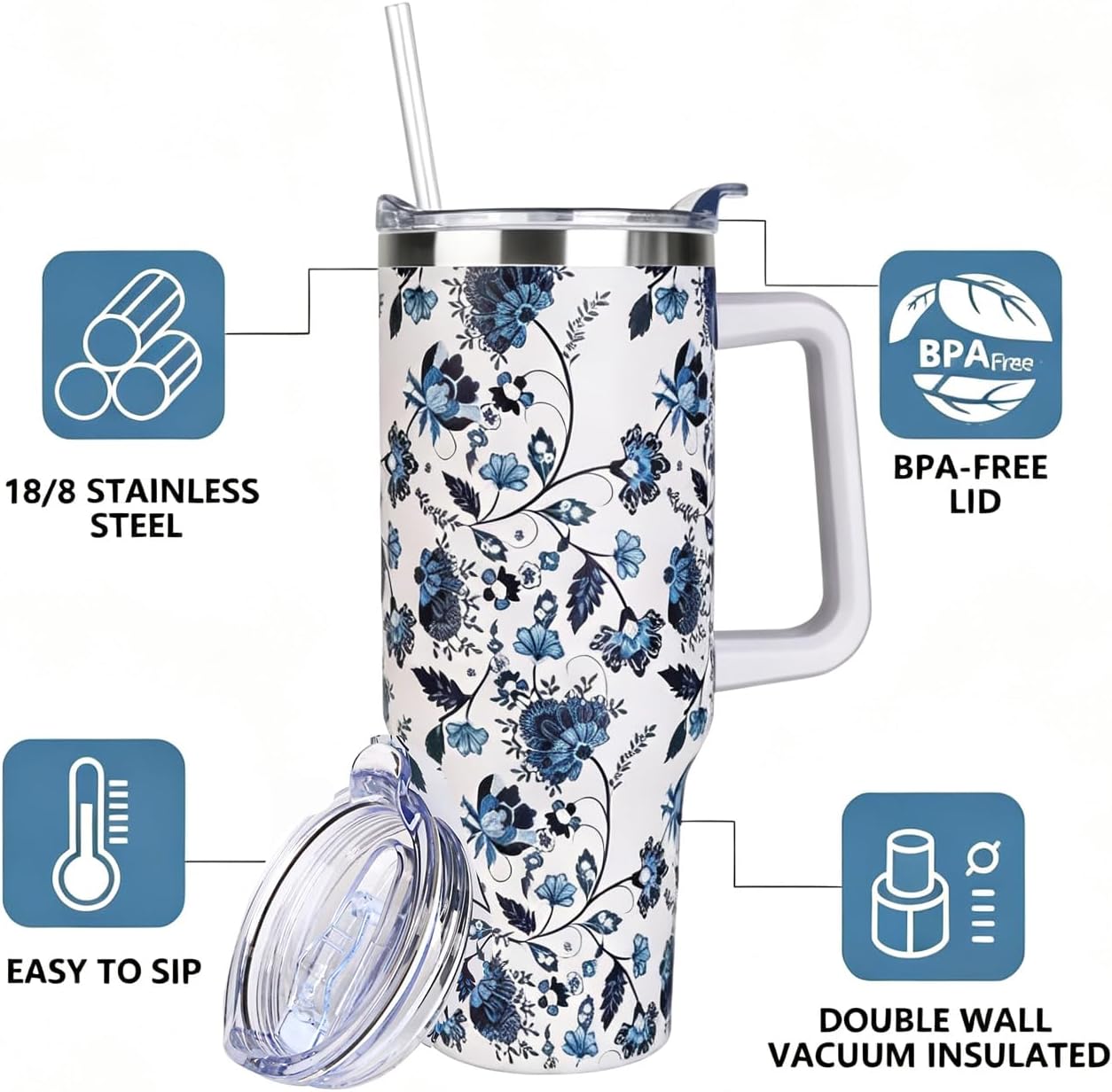 40 oz Tumbler with Handle and Straw Stainless Steel Insulated Tumbler Leak Proof Lid and Straw Lid Reusable Travel Mug Coffee Mug Cup Dishwasher Safe Keep Drinks Cold and Hot (Ceramics)