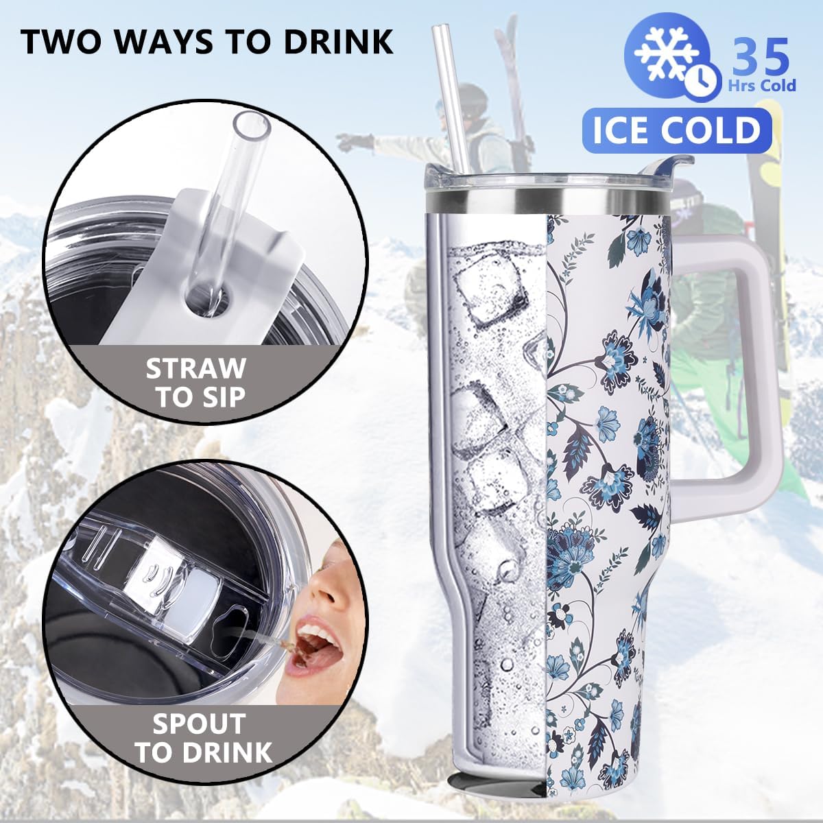 40 oz Tumbler with Handle and Straw Stainless Steel Insulated Tumbler Leak Proof Lid and Straw Lid Reusable Travel Mug Coffee Mug Cup Dishwasher Safe Keep Drinks Cold and Hot (Ceramics)