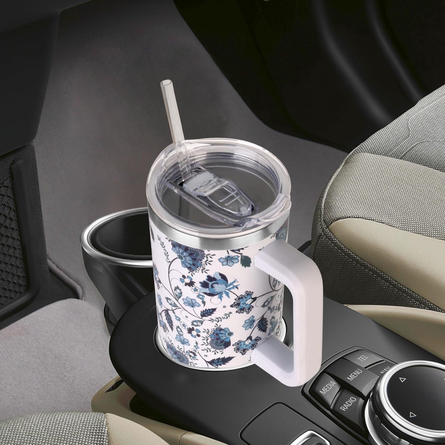 40 oz Tumbler with Handle and Straw Stainless Steel Insulated Tumbler Leak Proof Lid and Straw Lid Reusable Travel Mug Coffee Mug Cup Dishwasher Safe Keep Drinks Cold and Hot (Ceramics)