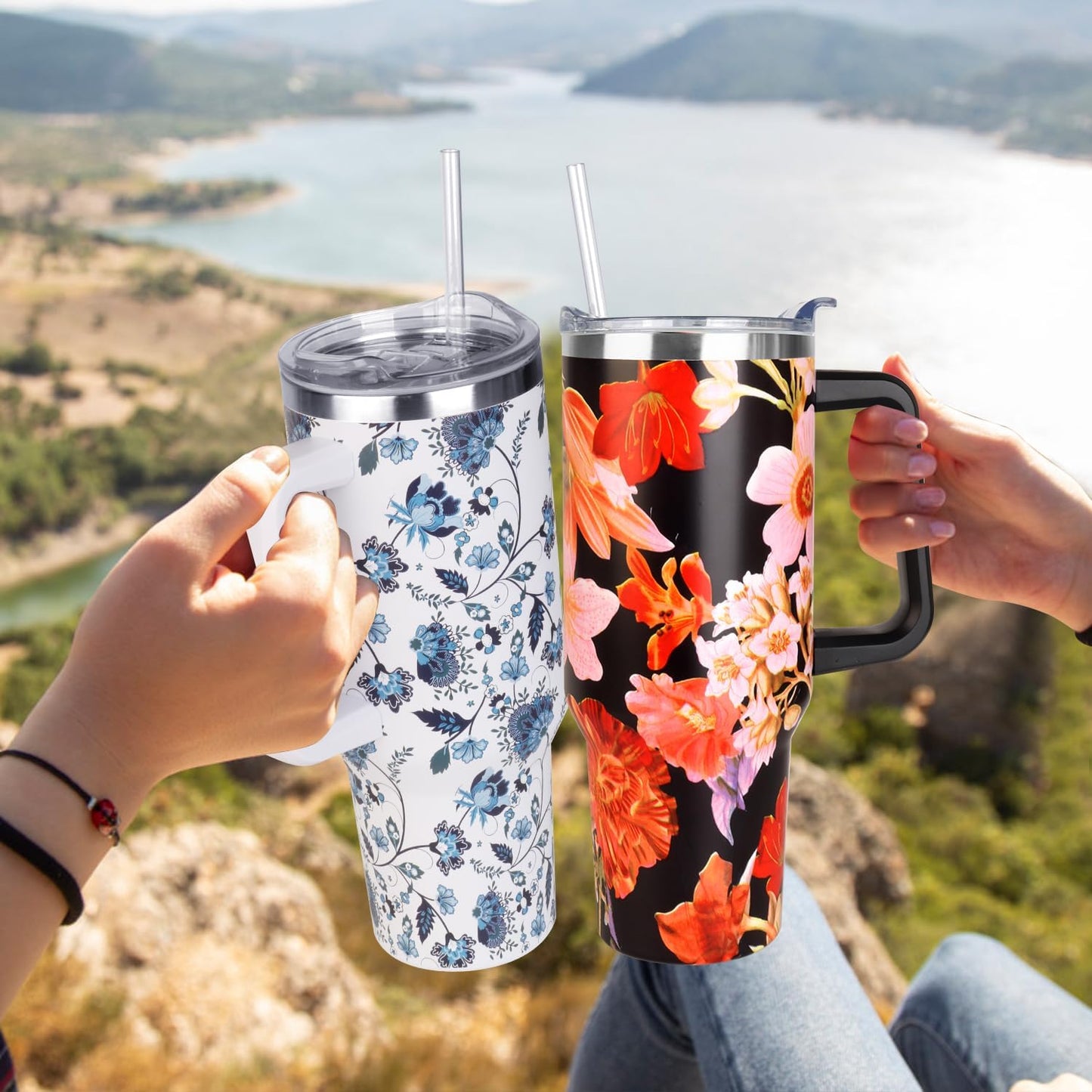 40 oz Tumbler with Handle and Straw Stainless Steel Insulated Tumbler Leak Proof Lid and Straw Lid Reusable Travel Mug Coffee Mug Cup Dishwasher Safe Keep Drinks Cold and Hot (Ceramics)