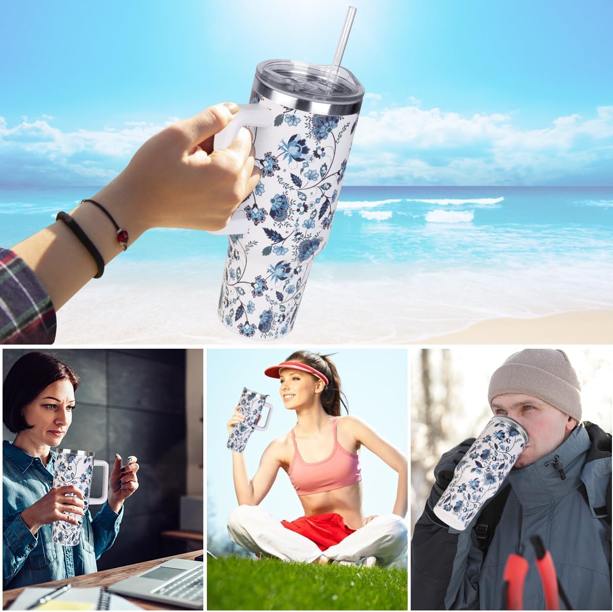 40 oz Tumbler with Handle and Straw Stainless Steel Insulated Tumbler Leak Proof Lid and Straw Lid Reusable Travel Mug Coffee Mug Cup Dishwasher Safe Keep Drinks Cold and Hot (Ceramics)