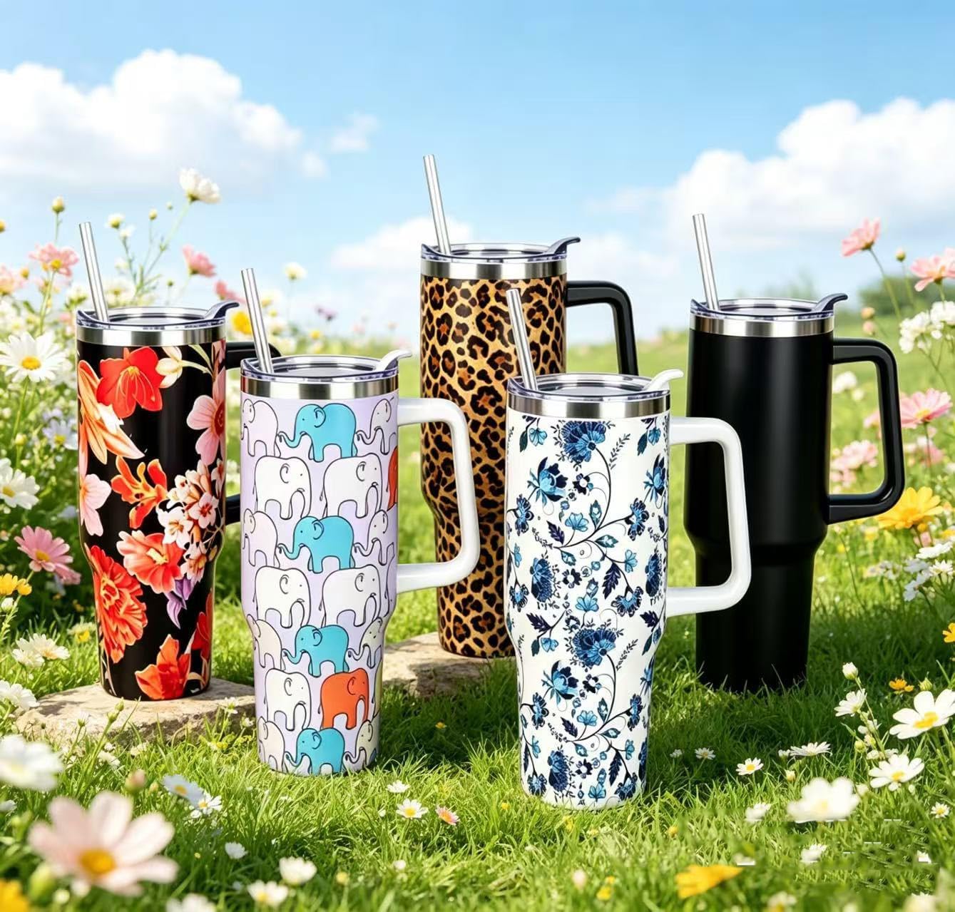 40 oz Tumbler with Handle and Straw Stainless Steel Insulated Tumbler Leak Proof Lid and Straw Lid Reusable Travel Mug Coffee Mug Cup Dishwasher Safe Keep Drinks Cold and Hot (Ceramics)