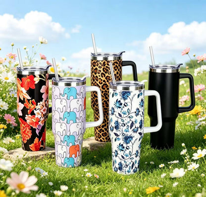 40 oz Tumbler with Handle and Straw Stainless Steel Insulated Tumbler Leak Proof Lid and Straw Lid Reusable Travel Mug Coffee Mug Cup Dishwasher Safe Keep Drinks Cold and Hot (Ceramics)
